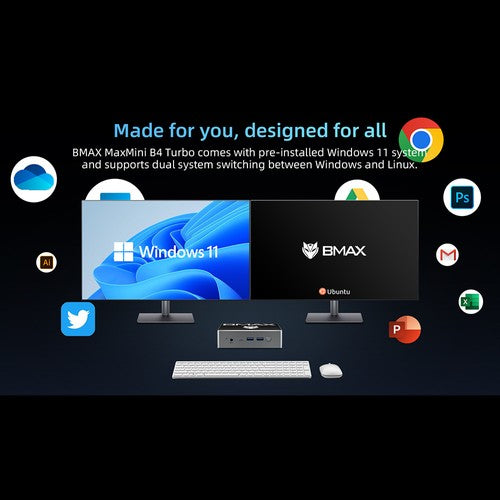 Mini PC BMAX B4 Turbo, Intel Twin Lake N150 4 cœurs, 3,6 GHz max., 16 Go de RAM, SSD 1 To Mini PC BMAX B4 Turbo, Intel Twin Lake N150 4 cœurs, 3,6 GHz max., 16 Go de RAM, SSD 1 To